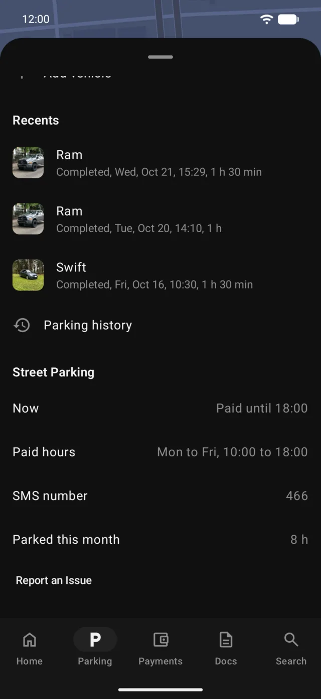 Parking history by month, each session with its map