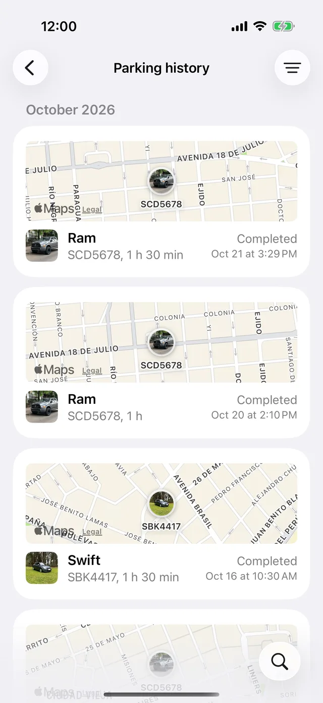 Parking history by month, each session with its map