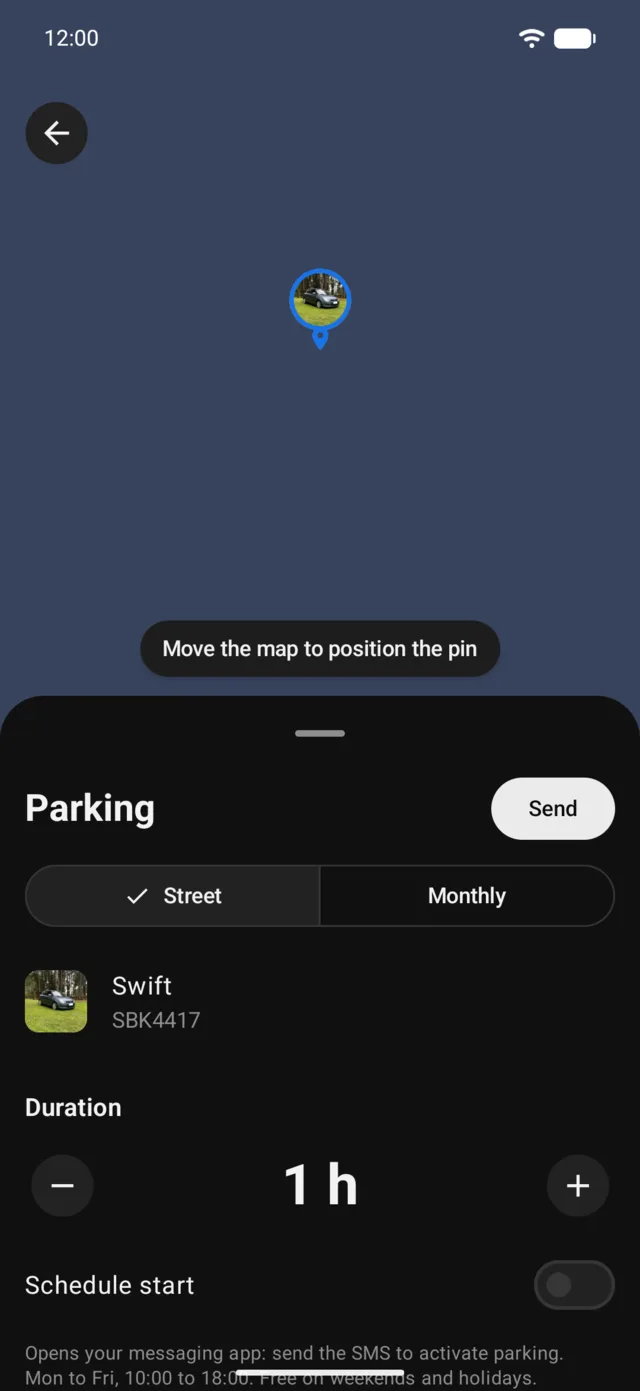 The form to park, with the duration and Schedule start