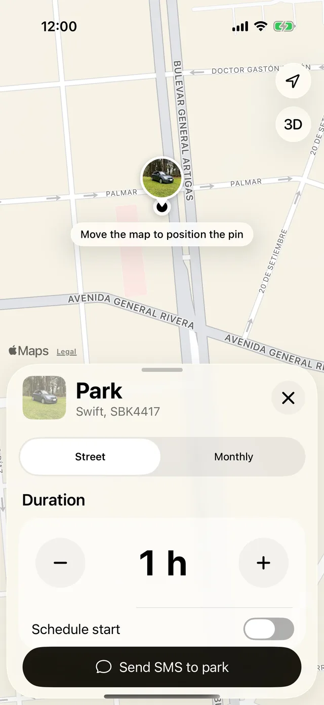 The form to park, with the duration and Schedule start