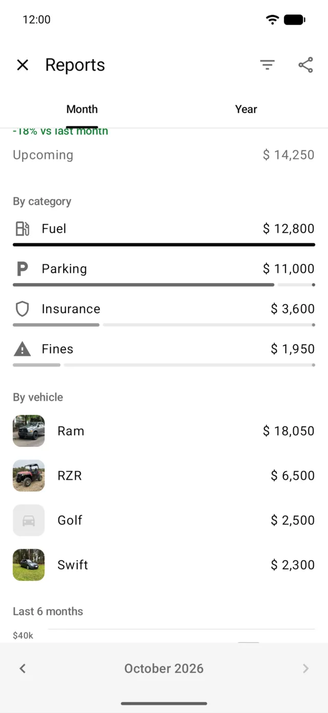 The month’s report by category, with fuel first