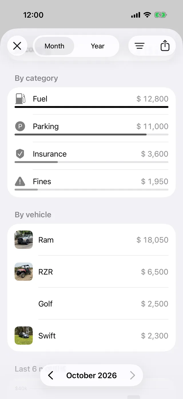 The month’s report by category, with fuel first