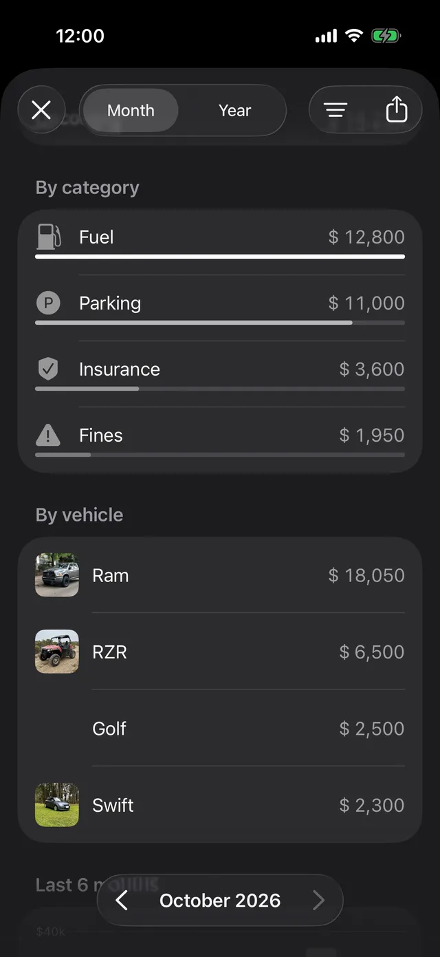 The month’s report by category, with fuel first