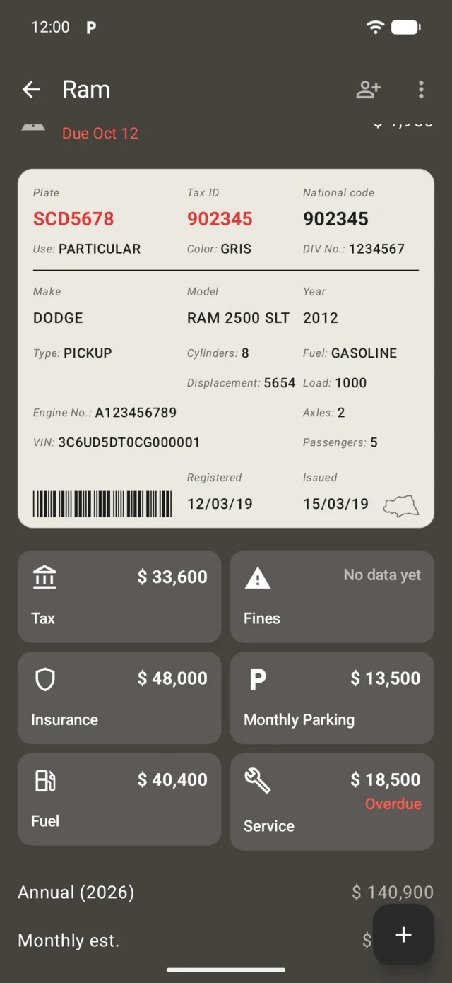 A vehicle's tax, fines and costs