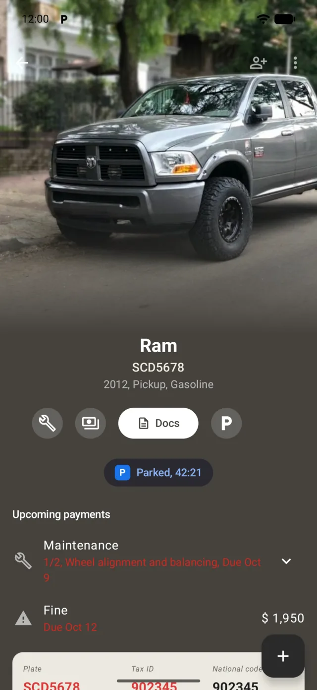 A vehicle page in GarageApp