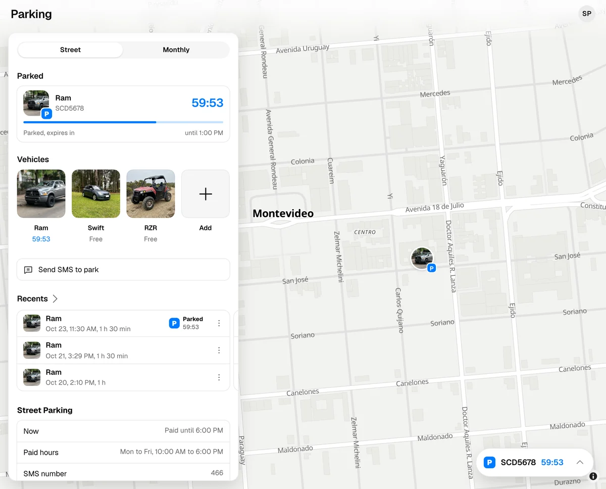 A parked vehicle in the web’s Parking tab on a computer