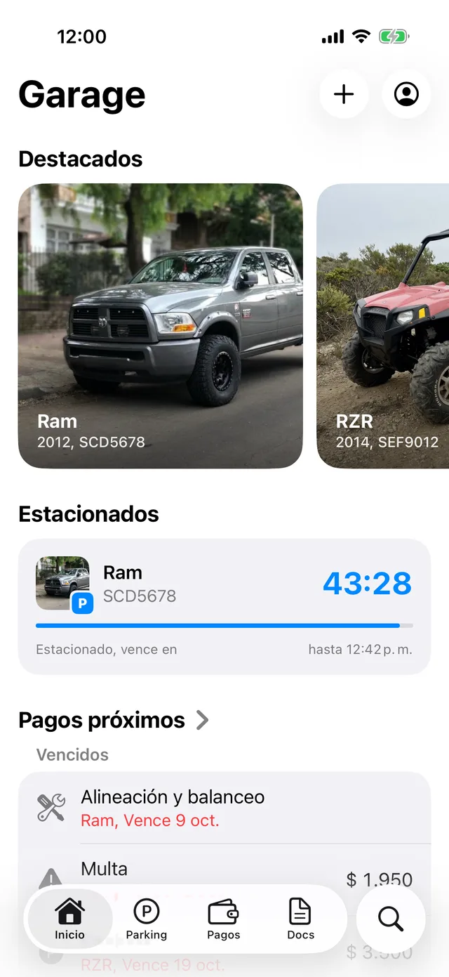 Los vehículos en la pantalla de inicio de GarageApp