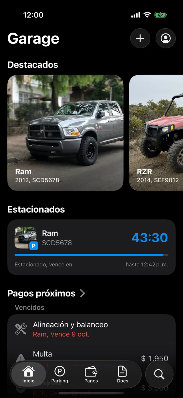 Los vehículos en la pantalla de inicio de GarageApp