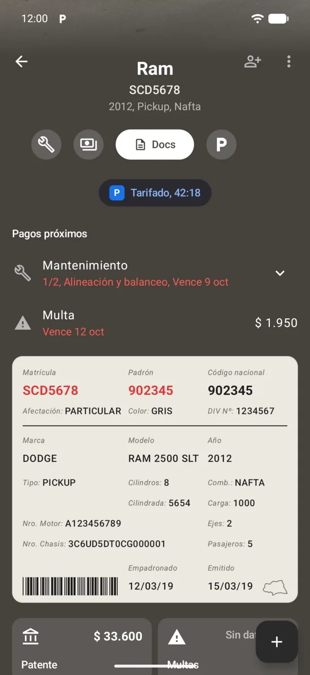 La página del vehículo con su libreta de propiedad