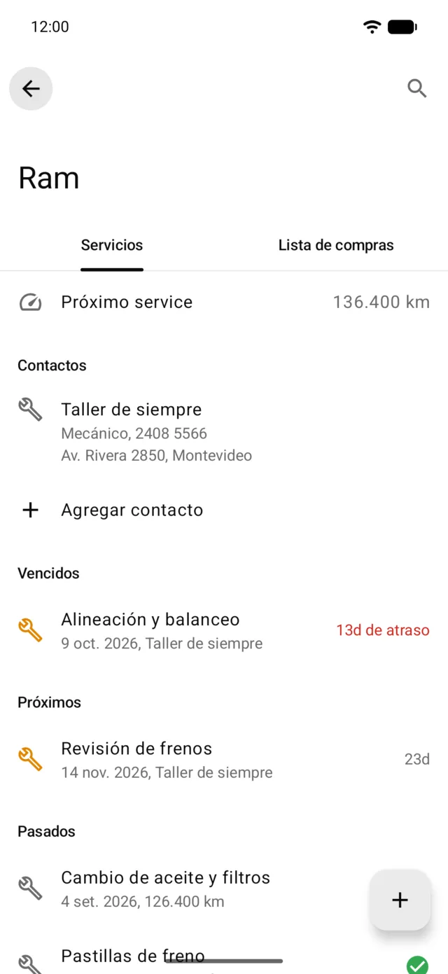 Los servicios de un vehículo, con el próximo service por kilómetros