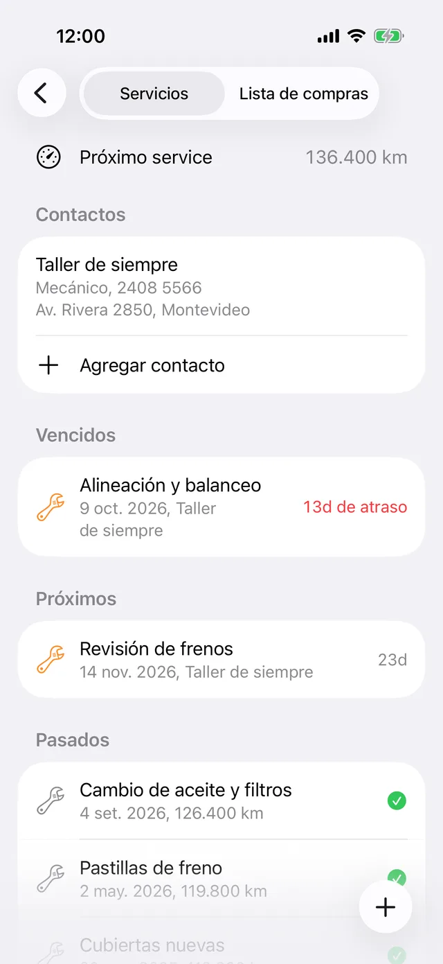 Los servicios de un vehículo, con el próximo service por kilómetros