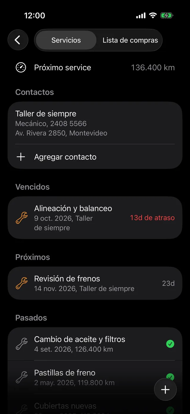 Los servicios de un vehículo, con el próximo service por kilómetros