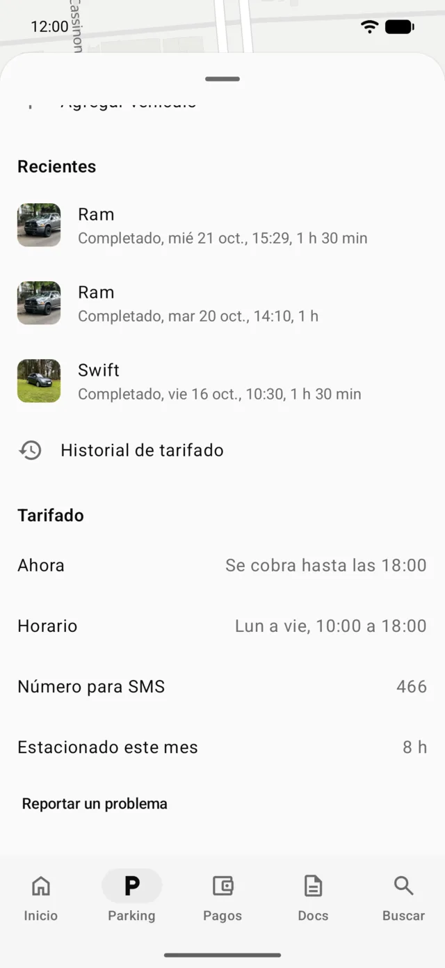 El historial de tarifado, por mes, cada sesión con su mapa