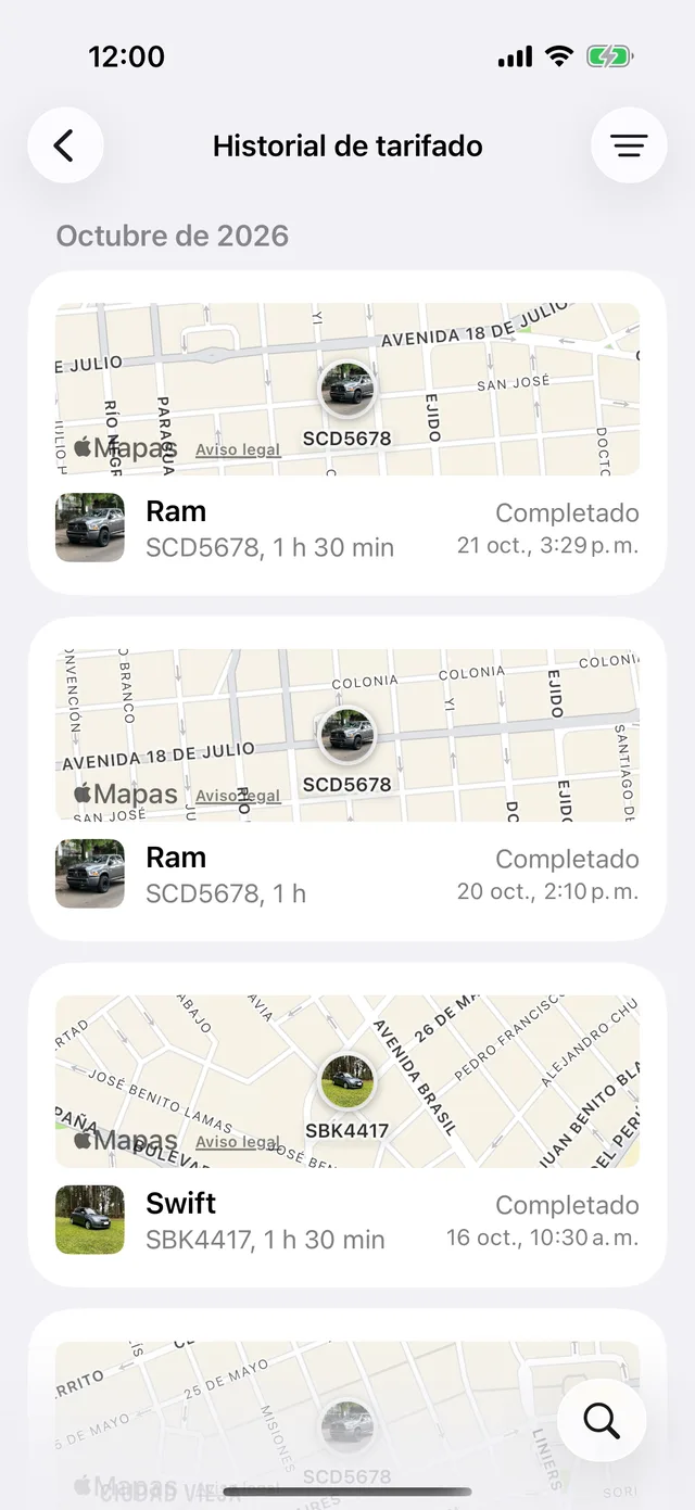 El historial de tarifado, por mes, cada sesión con su mapa