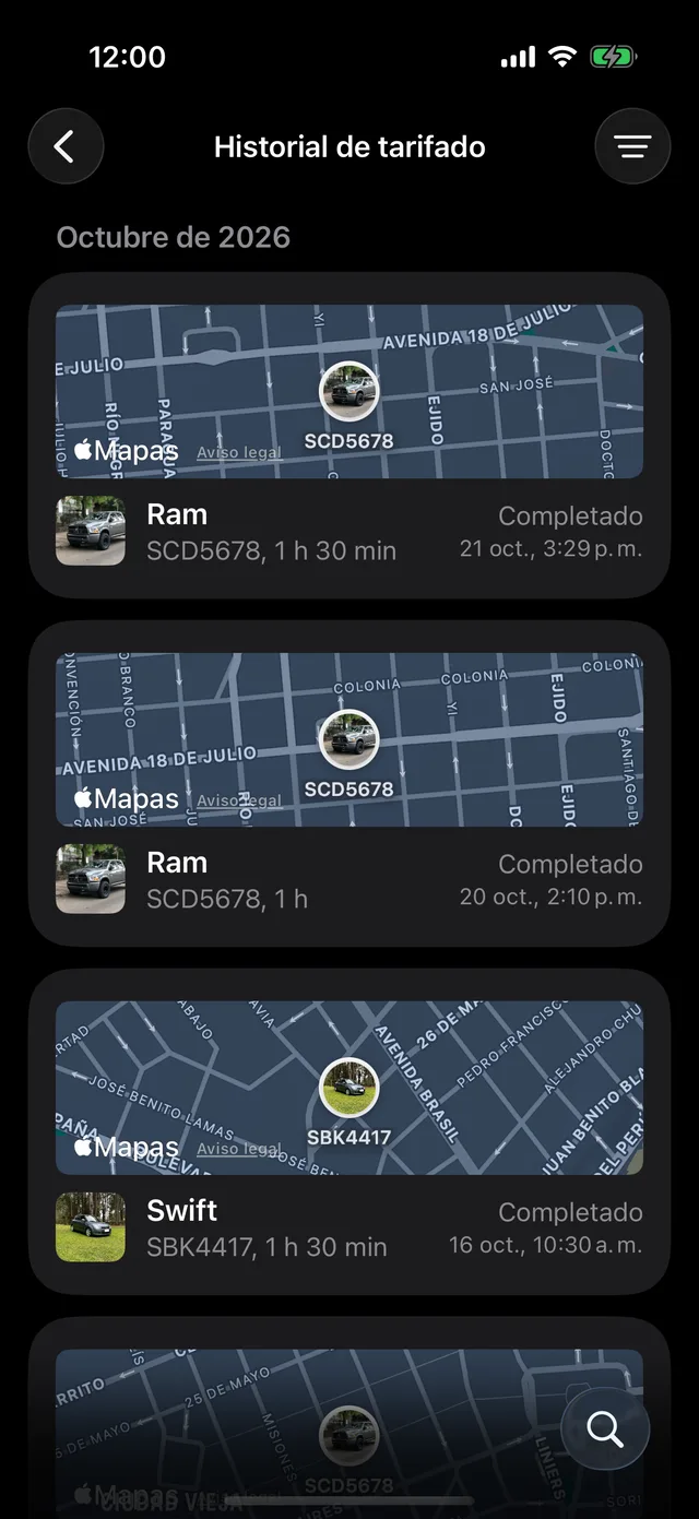 El historial de tarifado, por mes, cada sesión con su mapa