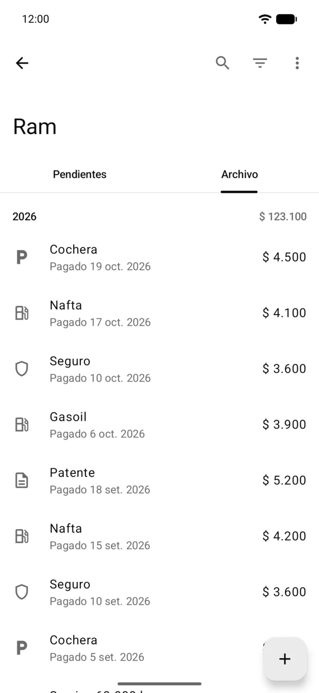 El archivo de pagos de un vehículo, por año