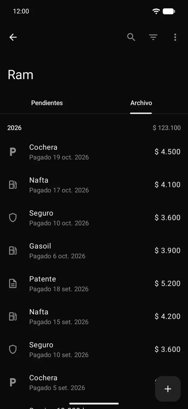 El archivo de pagos de un vehículo, por año