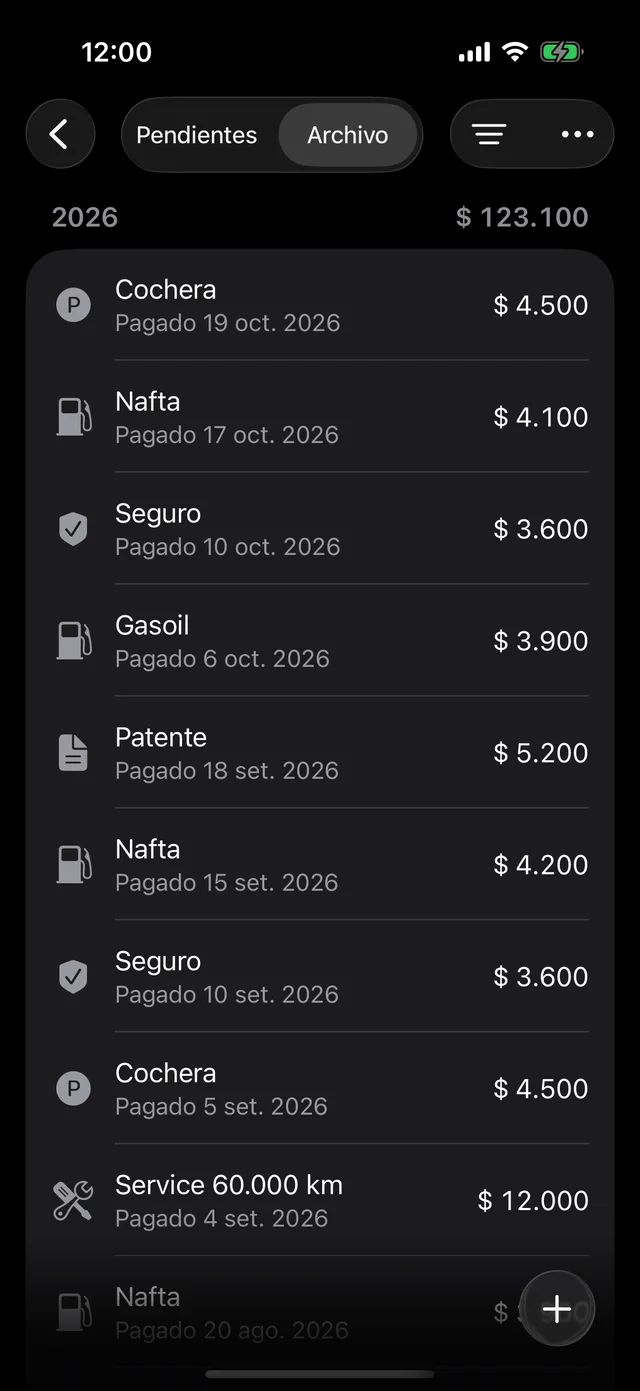 El archivo de pagos de un vehículo, por año