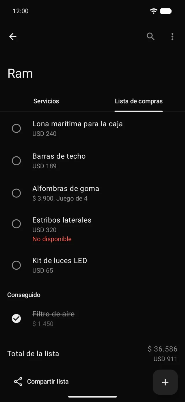 La lista de compras de un vehículo con su total