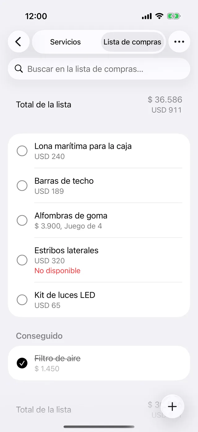 La lista de compras de un vehículo con su total