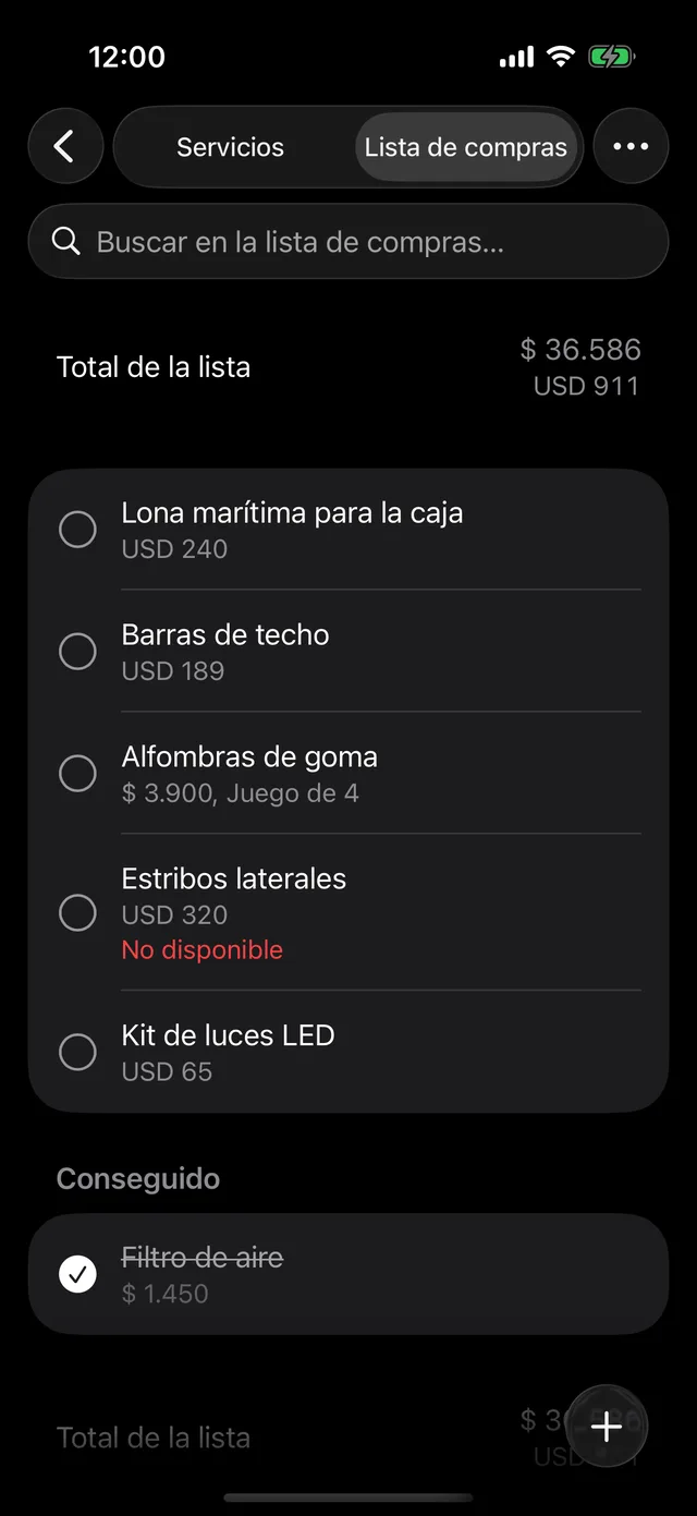 La lista de compras de un vehículo con su total