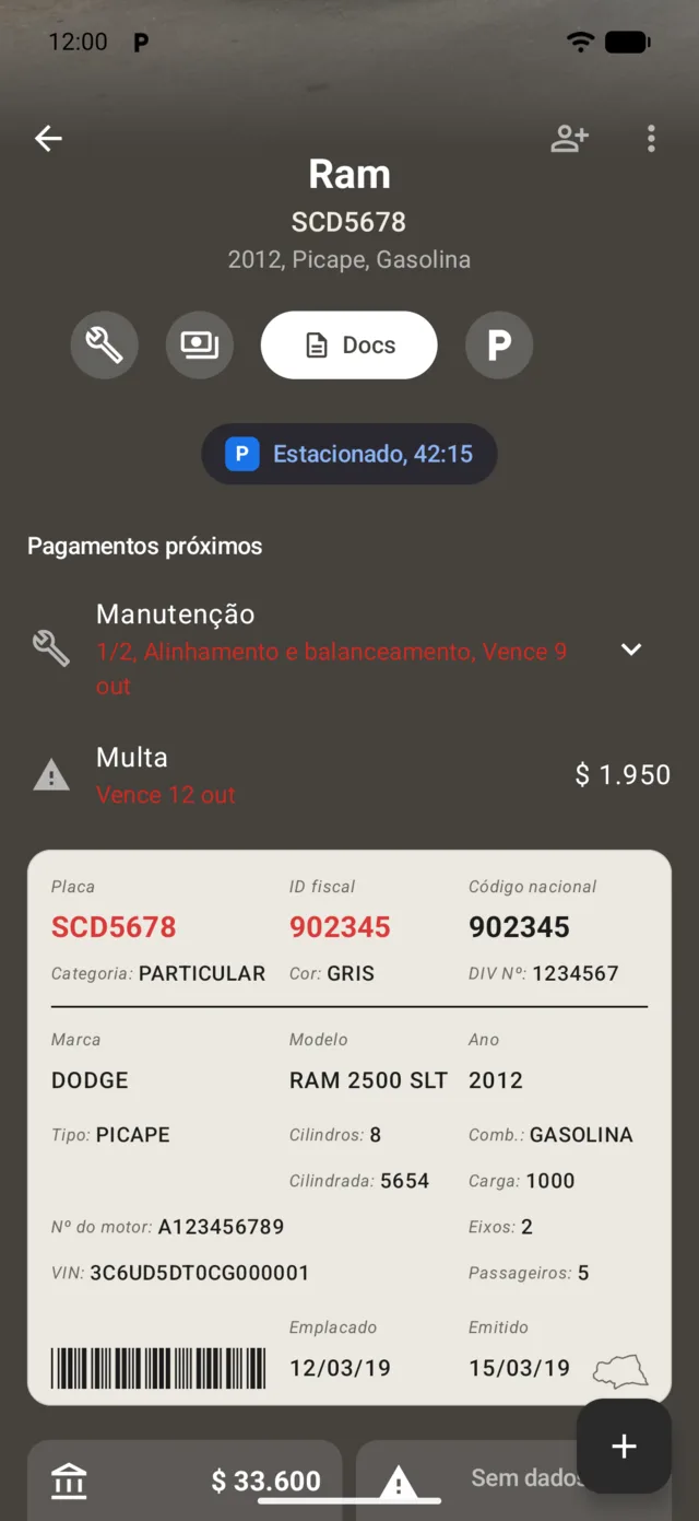 O documento do veículo na página do veículo