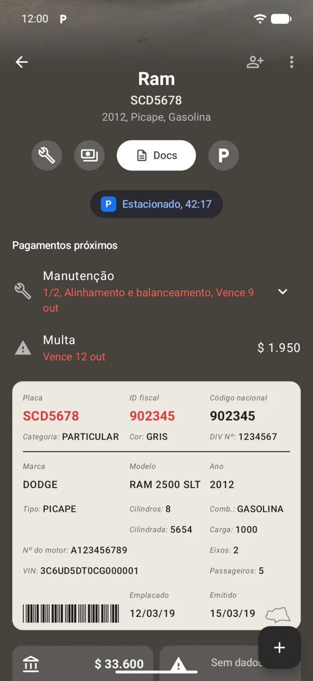 O documento do veículo na página do veículo
