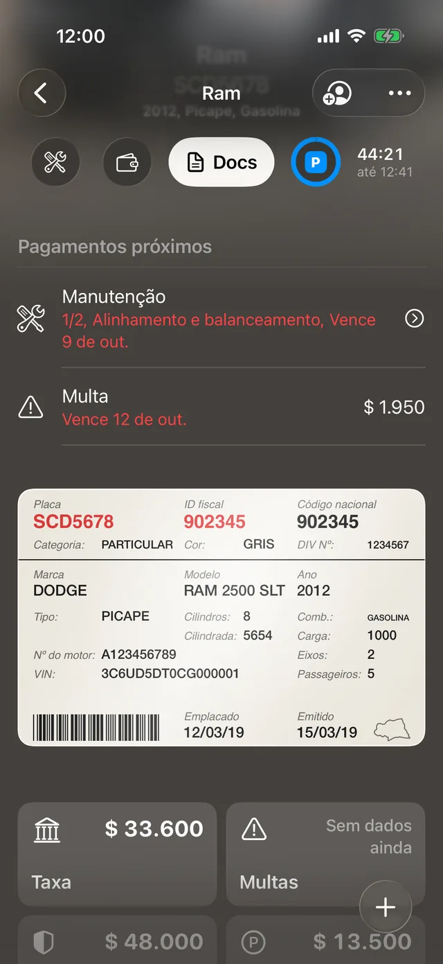O documento do veículo na página do veículo