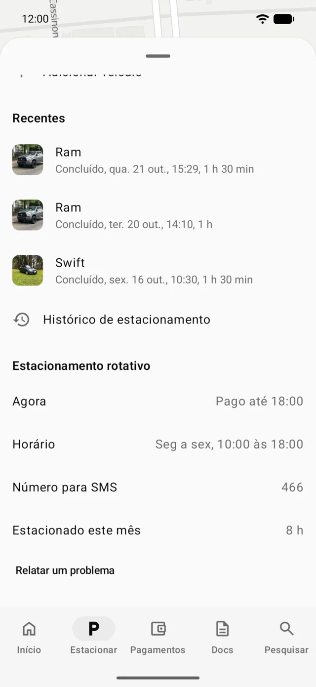 O histórico de estacionamento por mês, cada sessão com seu mapa