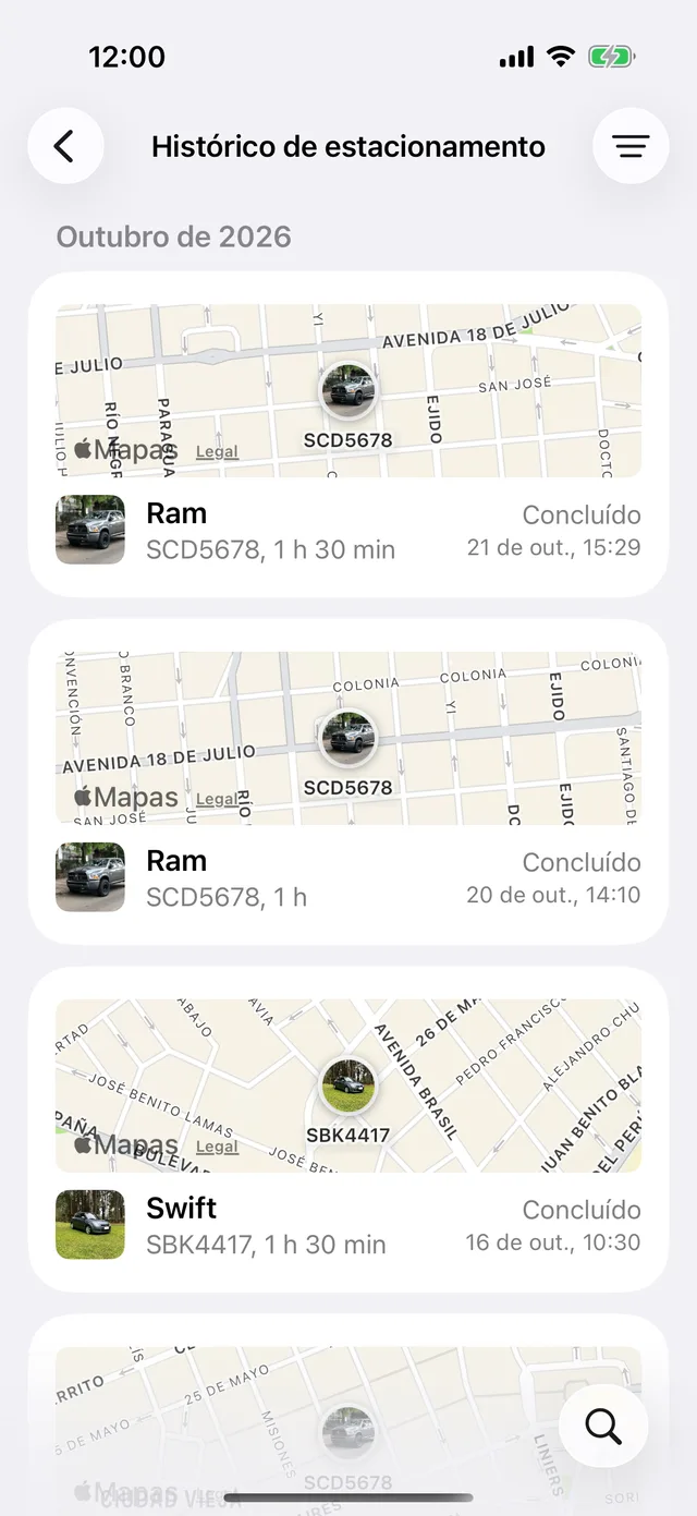 O histórico de estacionamento por mês, cada sessão com seu mapa