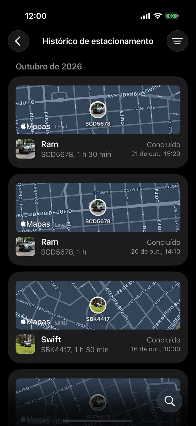 O histórico de estacionamento por mês, cada sessão com seu mapa
