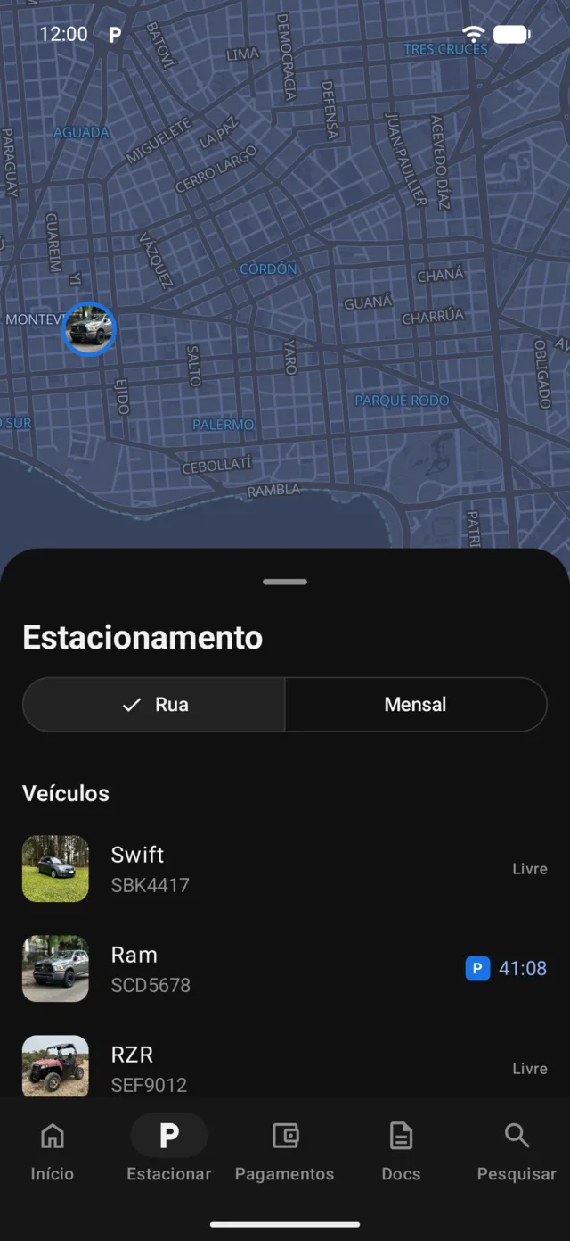 O mapa de Parking com os veículos