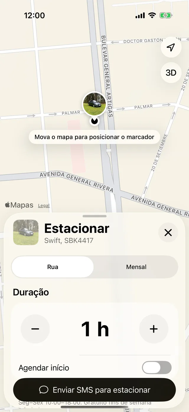 O formulário para estacionar, com a duração e Agendar início