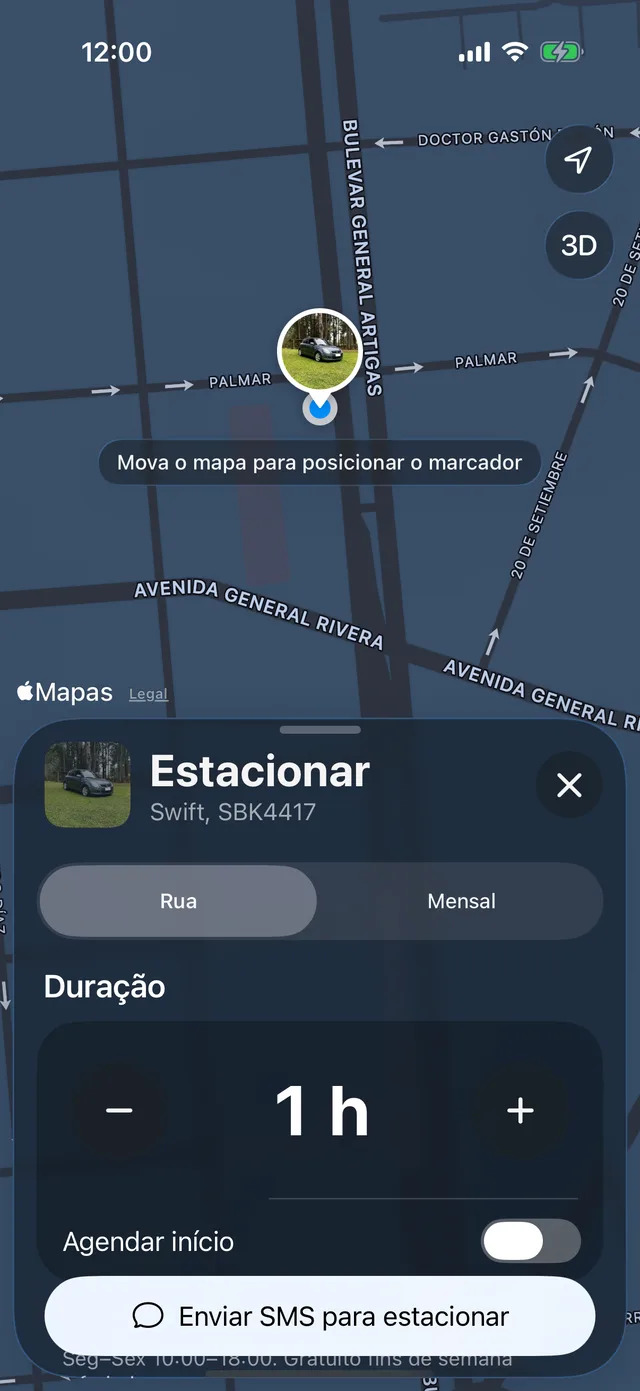 O formulário para estacionar, com a duração e Agendar início