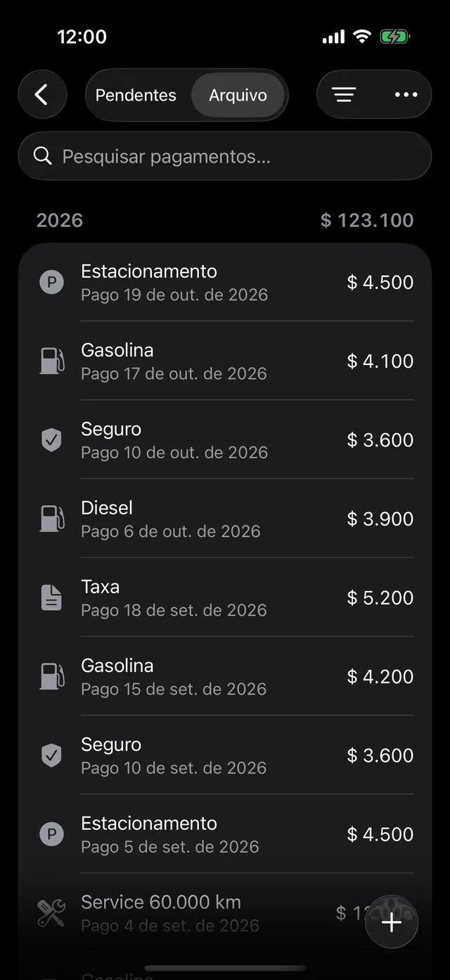 O arquivo de pagamentos de um veículo, por ano