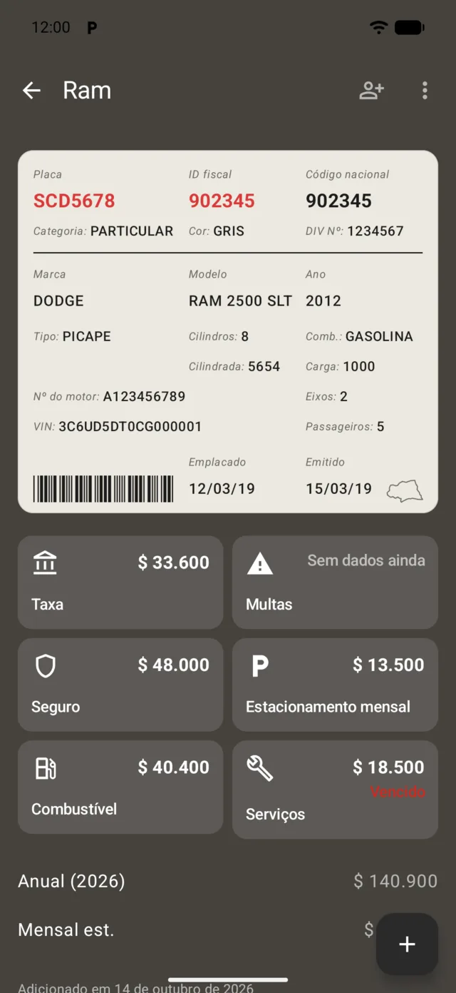 Imposto, multas e gastos de um veículo