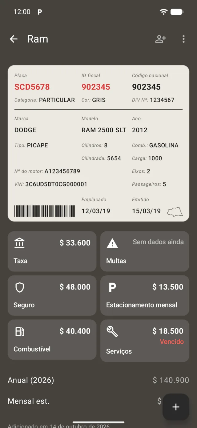 Imposto, multas e gastos de um veículo