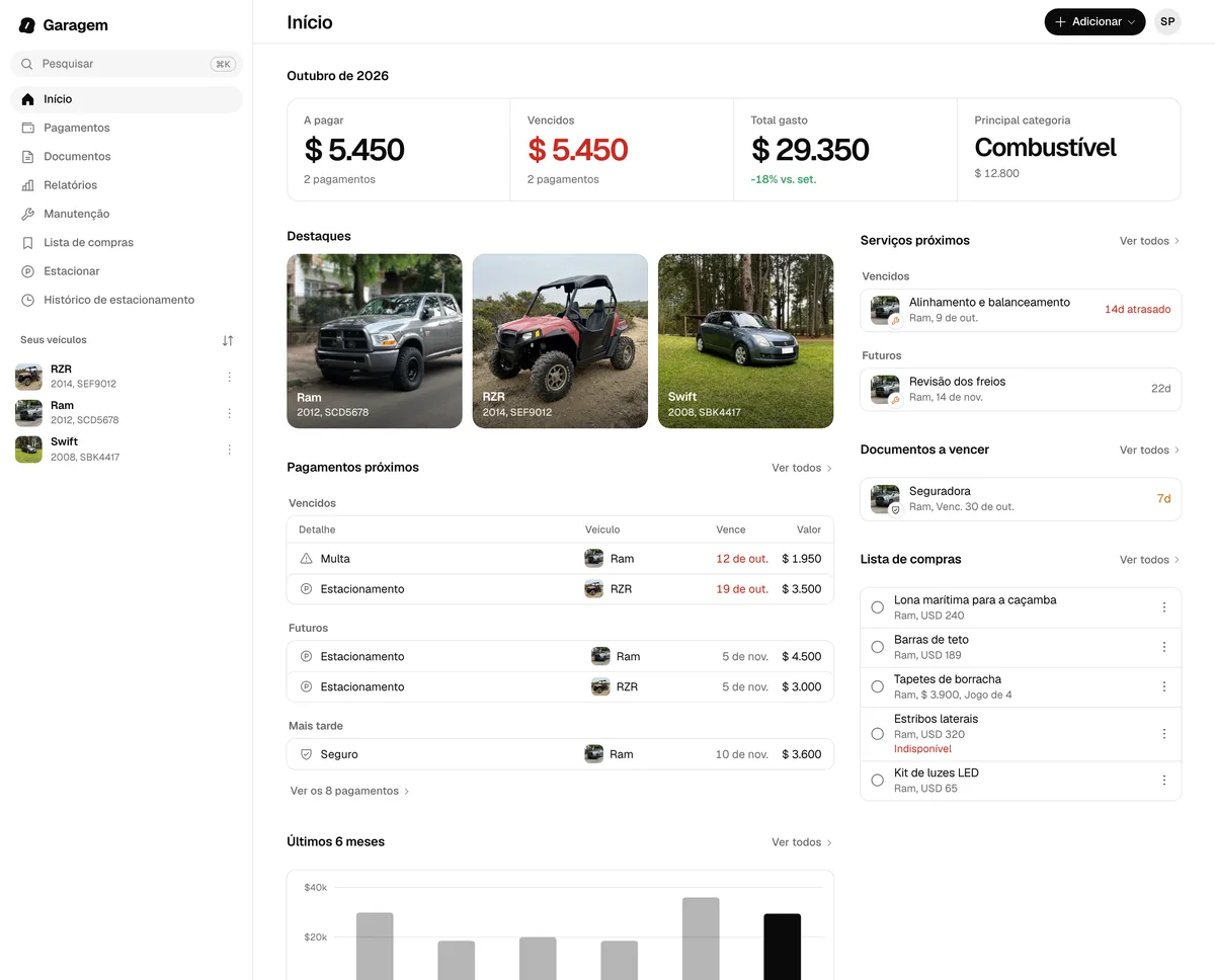 A tela Início do GarageApp na web, em um computador, com o menu lateral e os veículos