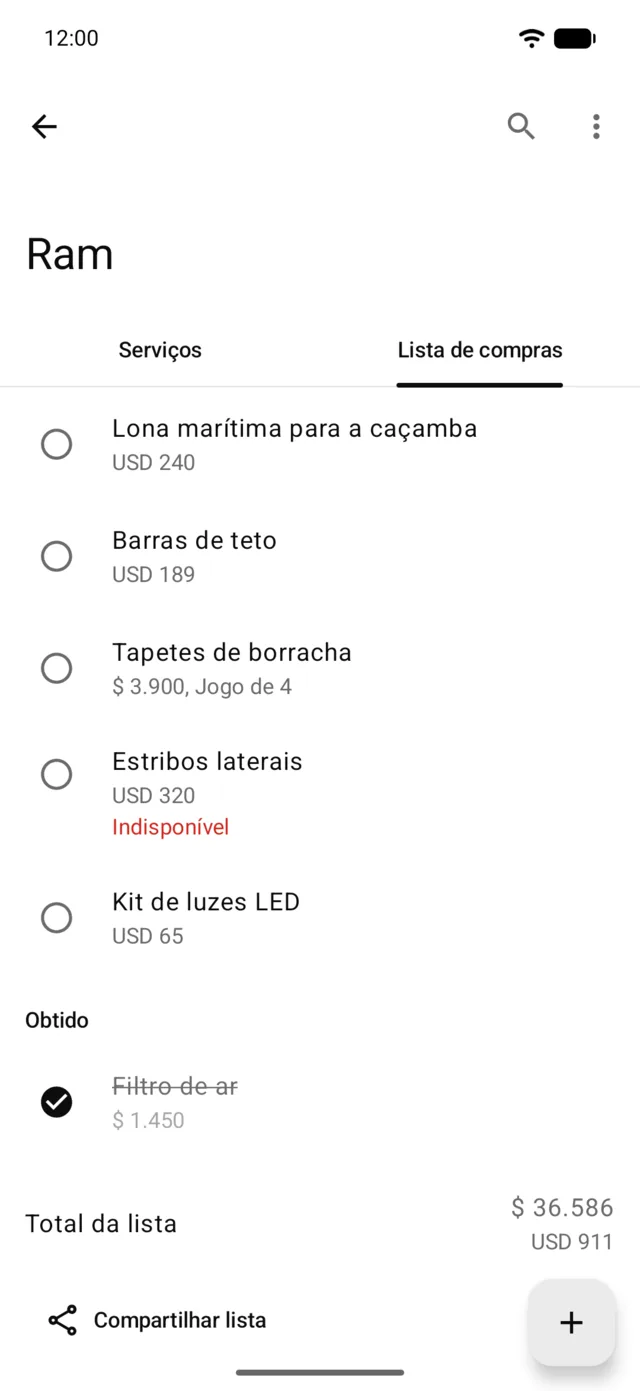 A lista de compras de um veículo com seu total