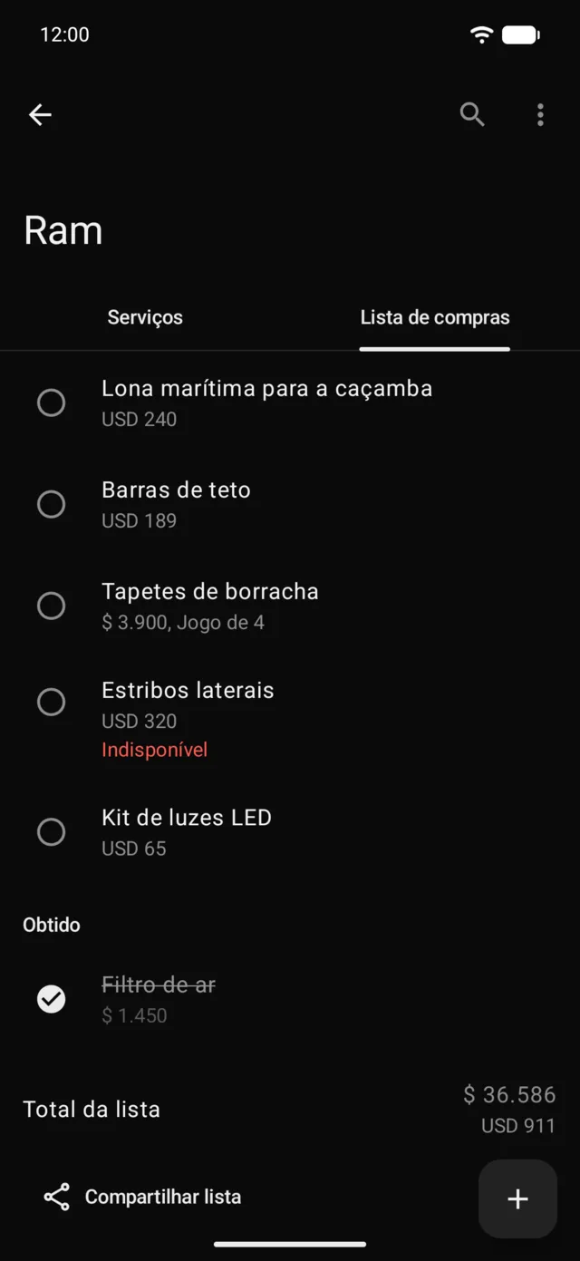 A lista de compras de um veículo com seu total