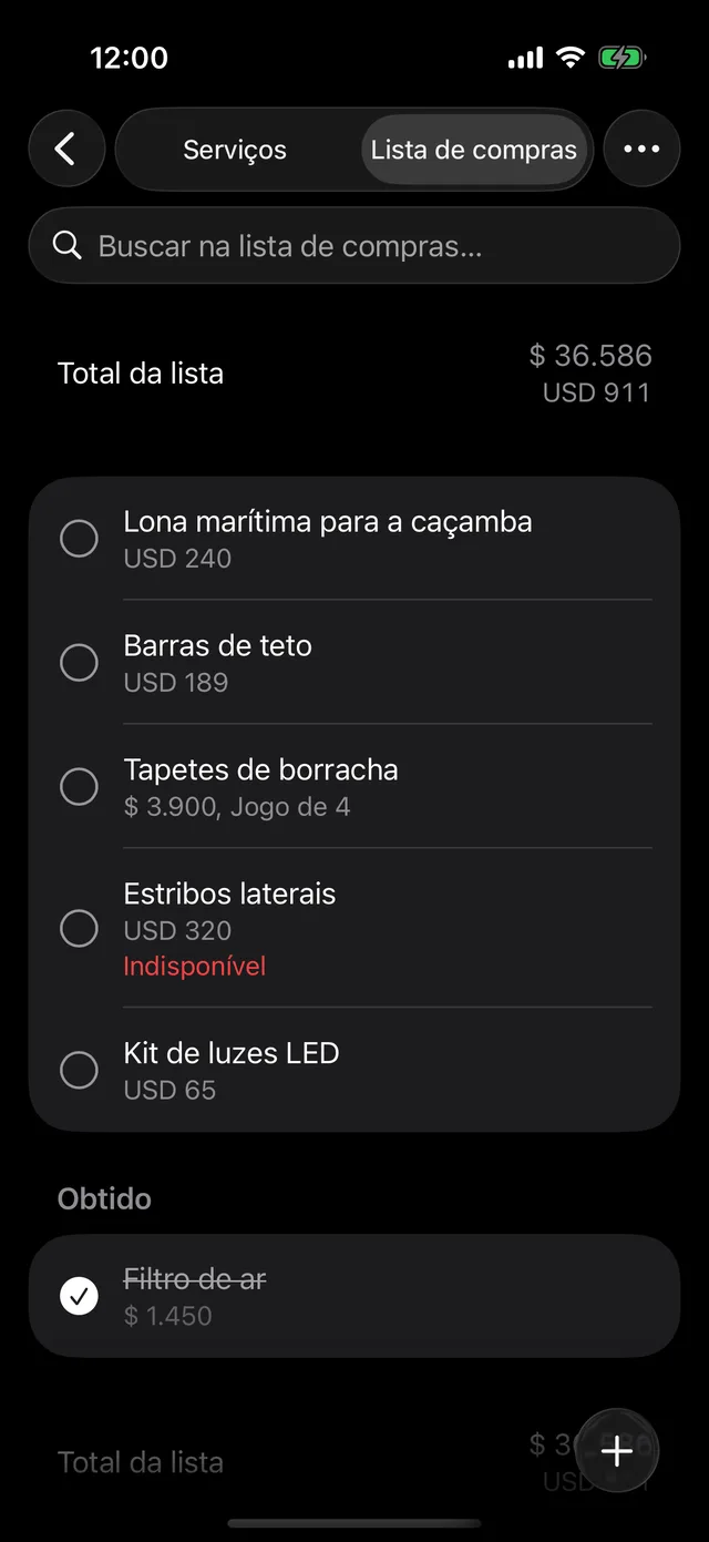 A lista de compras de um veículo com seu total